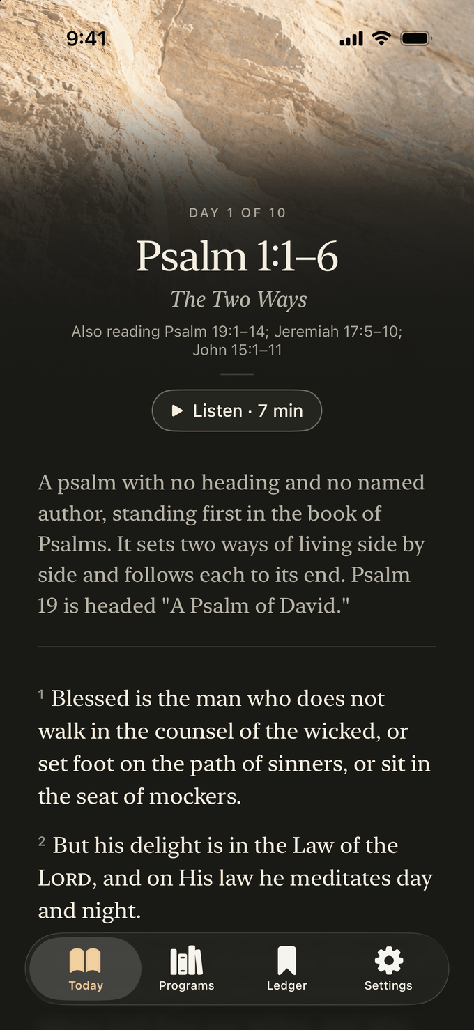 Ballast’s Today screen: Day 1 of 10, Psalm 1:1–6, a Listen button, a line of context, and the first verses