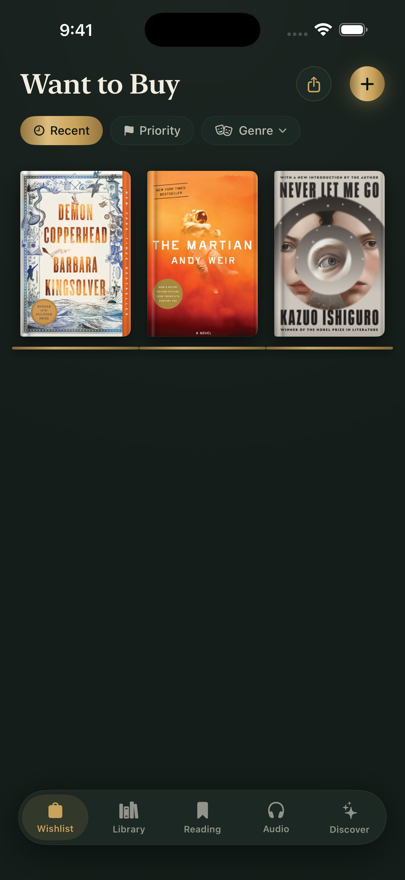 Folio wishlist with Demon Copperhead, The Martian, and Never Let Me Go on a digital shelf